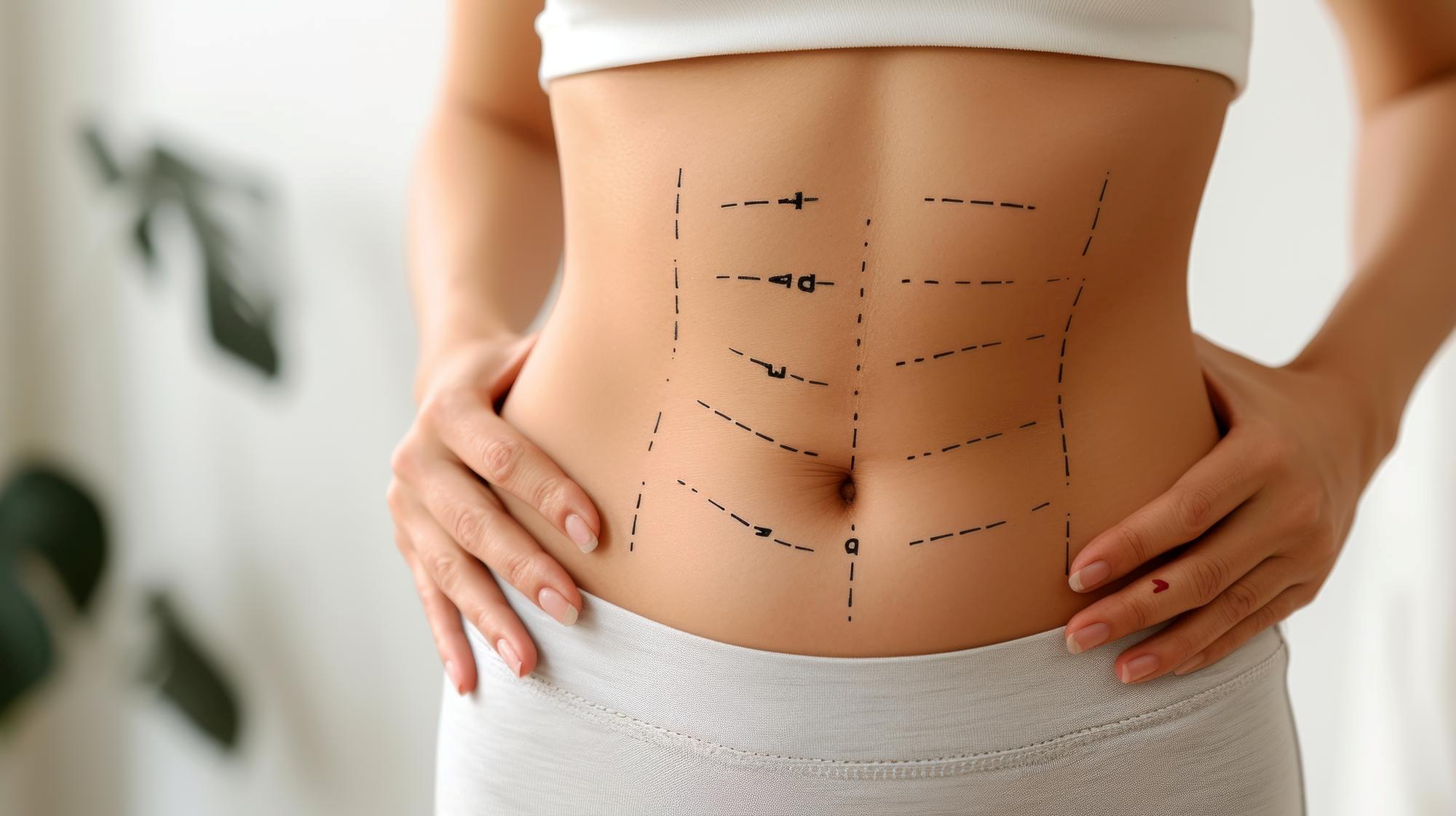 Postbariatrische Chirurgie, auf dem Bauch der Patientin sind Anzeichnungen für den Eingriff zu sehen